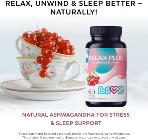 LIVS Relax Plus vegan dietary supplement bottle showing natural red berry flavor label