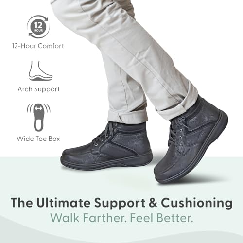 Side profile of black leather lace-up boots showing slip-resistant soles.