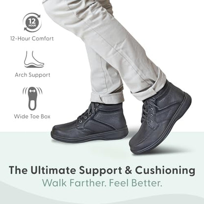 Side profile of black leather lace-up boots showing slip-resistant soles.