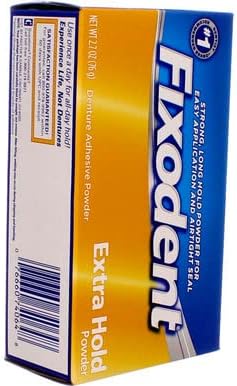 Shaker dispensing cap on Fixodent powder bottle for controlled mess-free application
