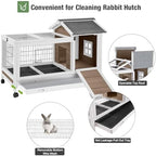 Wooden Rabbit Hutch Indoor and Outdoor, Rabbit Cage with Removable Wire Netting and Leak Proof Tray, Mobile Bunny Cage with Wheels (Brown) - Image 6