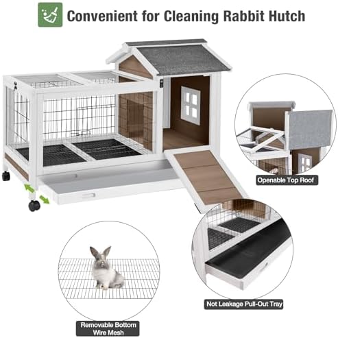 Wooden Rabbit Hutch Indoor and Outdoor, Rabbit Cage with Removable Wire Netting and Leak Proof Tray, Mobile Bunny Cage with Wheels (Brown) - Image 6