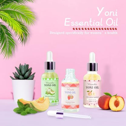 Close up of Wovarkie yoni serum packaging showing peach and strawberry variants.