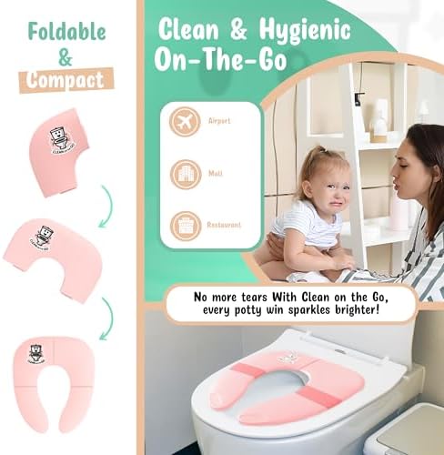 Compact pink travel potty seat packed inside its water resistant zippered carrying case with handle