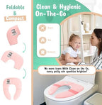 Compact pink travel potty seat packed inside its water resistant zippered carrying case with handle