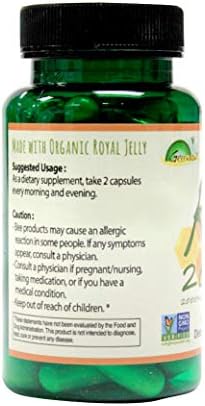 Close-up view of Greenbow non-GMO royal jelly capsule container label details