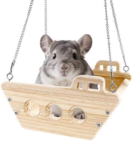 Hanging wooden chinchilla swing bed with sturdy metal chains and hardware.