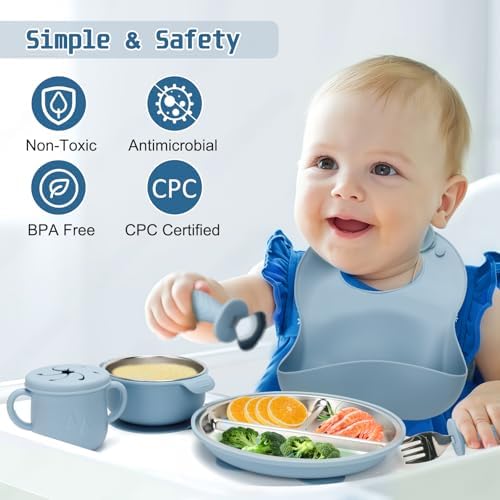 Adjustable silicone baby bib and stainless steel feeding accessories