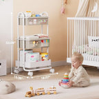 Three tier rolling storage cart with wheels showcasing the sturdy circular metal frame design.