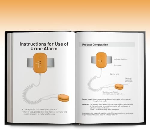 Bedwetting alarm kit including orange device and user manual.