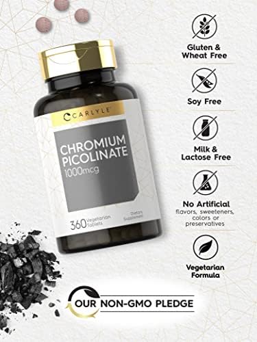 Gluten free and non GMO verification badges on Carlyle Chromium Picolinate bottle
