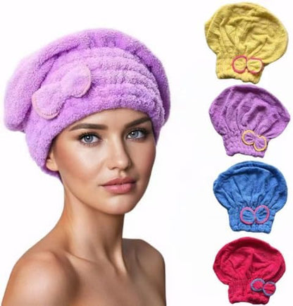 Close up look at the soft absorbent coral fleece fabric texture of the hair turban.