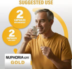 Close up of Nuphoria Cm Gold capsules and proprietary nerve health blend details