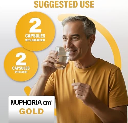 Close up of Nuphoria Cm Gold capsules and proprietary nerve health blend details