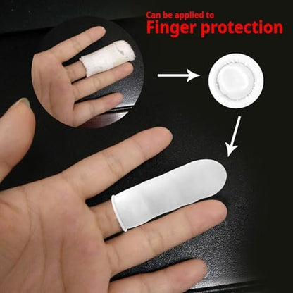 Bulk packaging view of one hundred pieces rolled latex finger shields for industrial and cleanroom use.