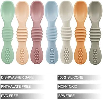 Close up view of the soft flexible food grade silicone tip on the first stage toddler self feeding spoon