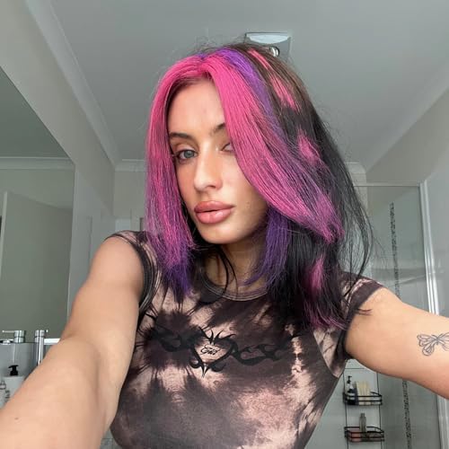 Model with purple highlights applied using Brite hair chalk