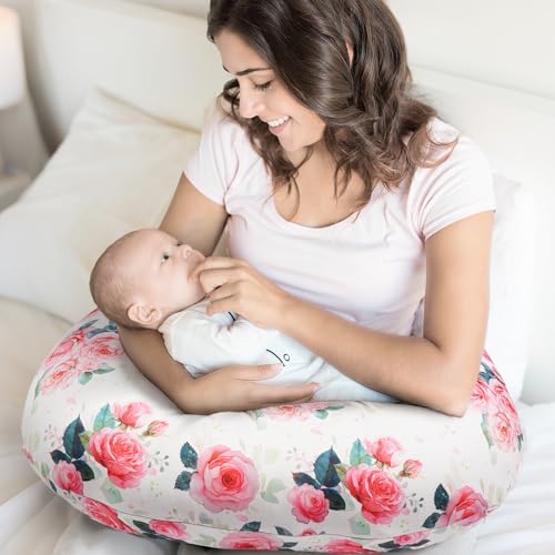 Baby resting on wirein floral nursing pillow cover