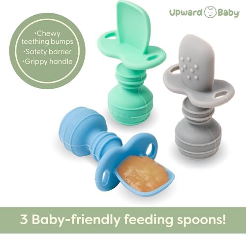 Close up view of the UpwardBaby silicone spoon highlighting the wide integrated anti choke barrier.