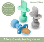 Close up view of the UpwardBaby silicone spoon highlighting the wide integrated anti choke barrier.