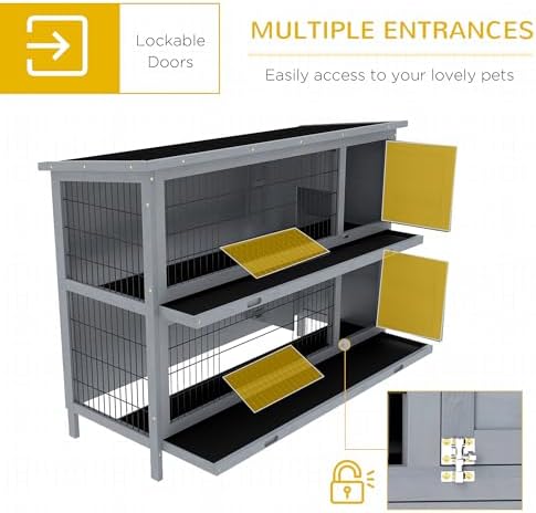 PawHut 54" 2-Story Large Rabbit Hutch Bunny Cage Wooden Pet House Small Animal Habitat with Lockable Doors, No Leak Tray and Waterproof Roof for Outdoor/Indoor Grey - Image 5