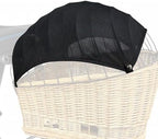 CARPJZ pet canopy cover showing the four quick-fit clips attached to a wicker bicycle basket.