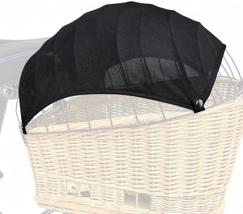 CARPJZ pet canopy cover showing the four quick-fit clips attached to a wicker bicycle basket.