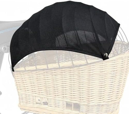 CARPJZ pet canopy cover showing the four quick-fit clips attached to a wicker bicycle basket.
