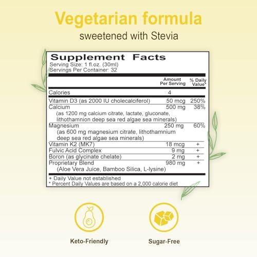 Side angle of the 32 fluid ounce liquid calcium magnesium bottle highlighting the USA product labeling.