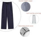 Discreet zippered pockets on KUMUROETA urine bag trousers for patients.