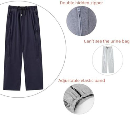 Discreet zippered pockets on KUMUROETA urine bag trousers for patients.
