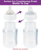 Joyfeed replacement sippy cup nipple being fitted into an anti colic bottle collar