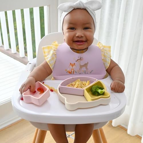 Little Rawr premium food grade silicone bib set showing the flexible wide spill pocket