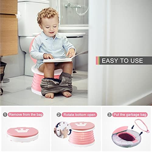 Toddler using portable emergency toilet in a car