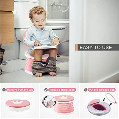 Toddler using portable emergency toilet in a car