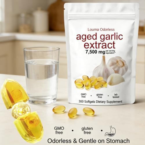 Louma 24-month matured garlic supplement showing the 300 softgels quantity information