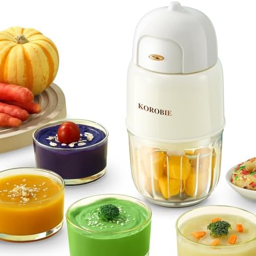KOROBIE compact baby food blender with clear glass bowl showing stainless steel blades