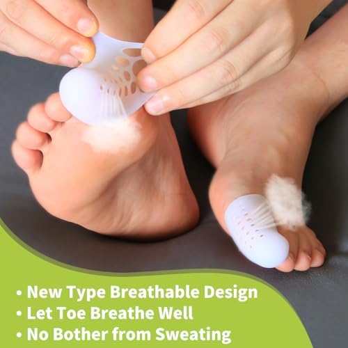 Flexible gel toe sleeves being applied to a big toe for pain relief