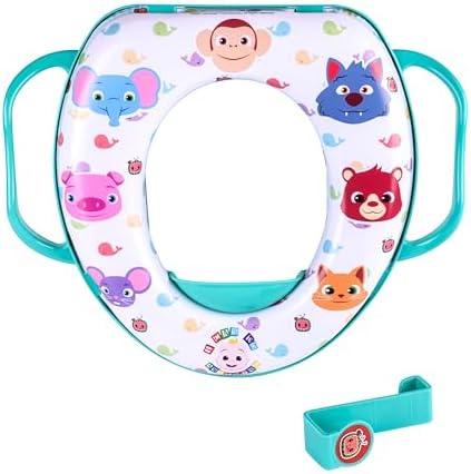 Blue padded child potty seat highlighting the removable pieces for cleaning