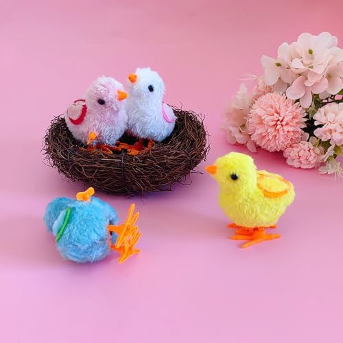 Side angle of the plush hopping chicken windup toy showing the manual mechanical turning dial.