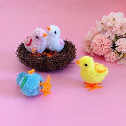 Side angle of the plush hopping chicken windup toy showing the manual mechanical turning dial.