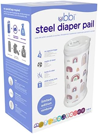 Side profile of Ubbi rainbow nursery diaper bin