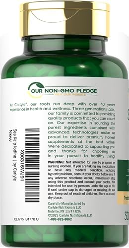 Carlyle Sea Kelp Iodine bottle showing non-GMO and gluten-free icons