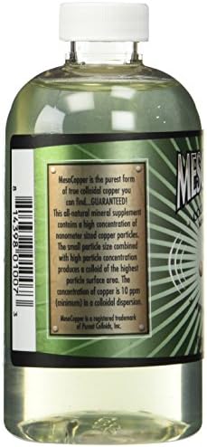 MesoCopper ten ppm liquid copper mineral supplement nutritional facts label close up view.