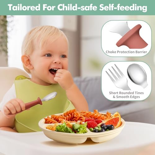 Toddler stainless steel fork and spoon set with safety barrier