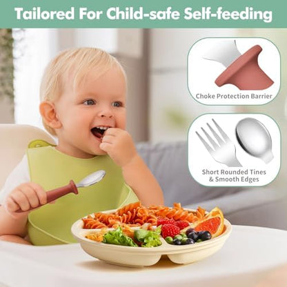 Toddler stainless steel fork and spoon set with safety barrier
