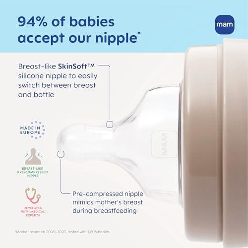Close up of the breastfeeding like silicone nipple on the MAM four point five ounce bottle