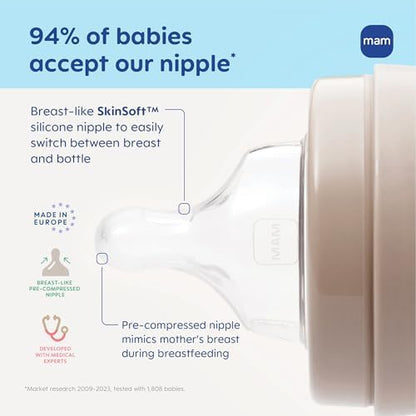 Close up of the breastfeeding like silicone nipple on the MAM four point five ounce bottle