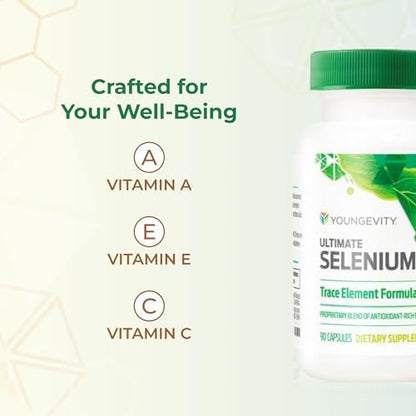 Youngevity Ultimate Selenium capsules side panel detailing daily vitamins and superfood cofactors