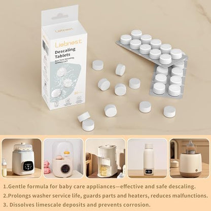 Hypoallergenic descaler tablet pack showing safe ingredients for formula makers and sterilizers.